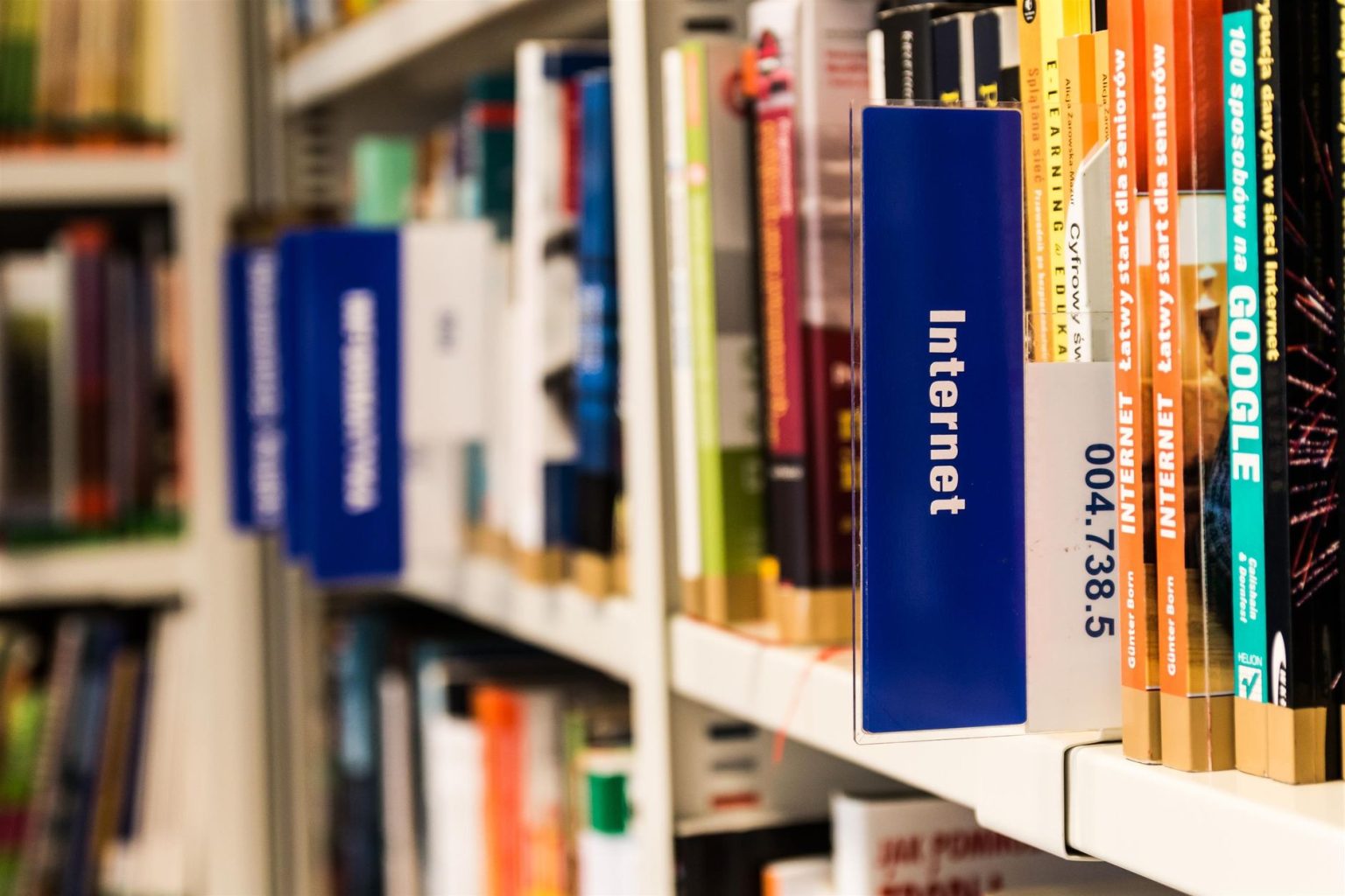 Estante de biblioteca com livros sobre internet e tecnologia, representando a relação entre leitura e cultura digital.