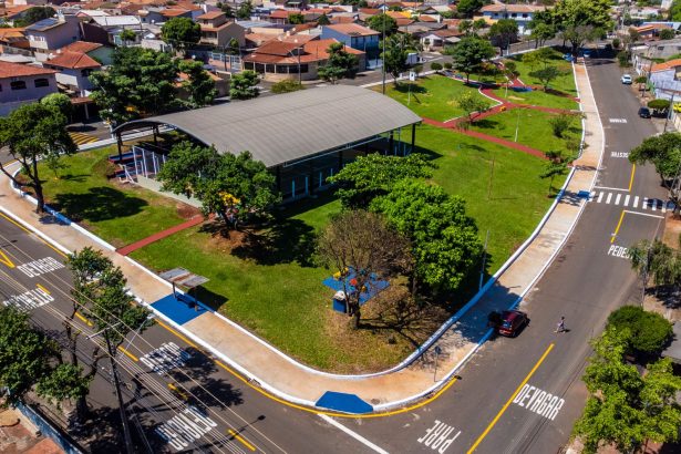 Vista aérea de um parque arborizado integrado à malha urbana, com ruas e edificações ao redor.